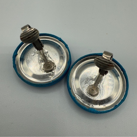 Teal Blue Fabric Button Clip On Earrings - Picture 5 of 6